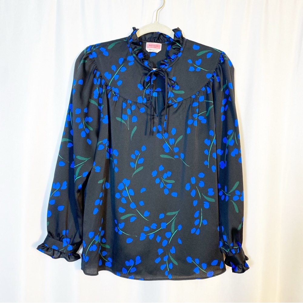 NEW Kate Spade Seabreeze Floral Ruffle Blouse Top Long Sleeve Black Blue - Picture 2 of 13
